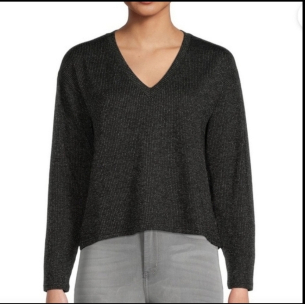 Time & Tru Grey & Black Ribbed Long Sleeve Pullover V-Neck Knit Top Sz L - Picture 10 of 16